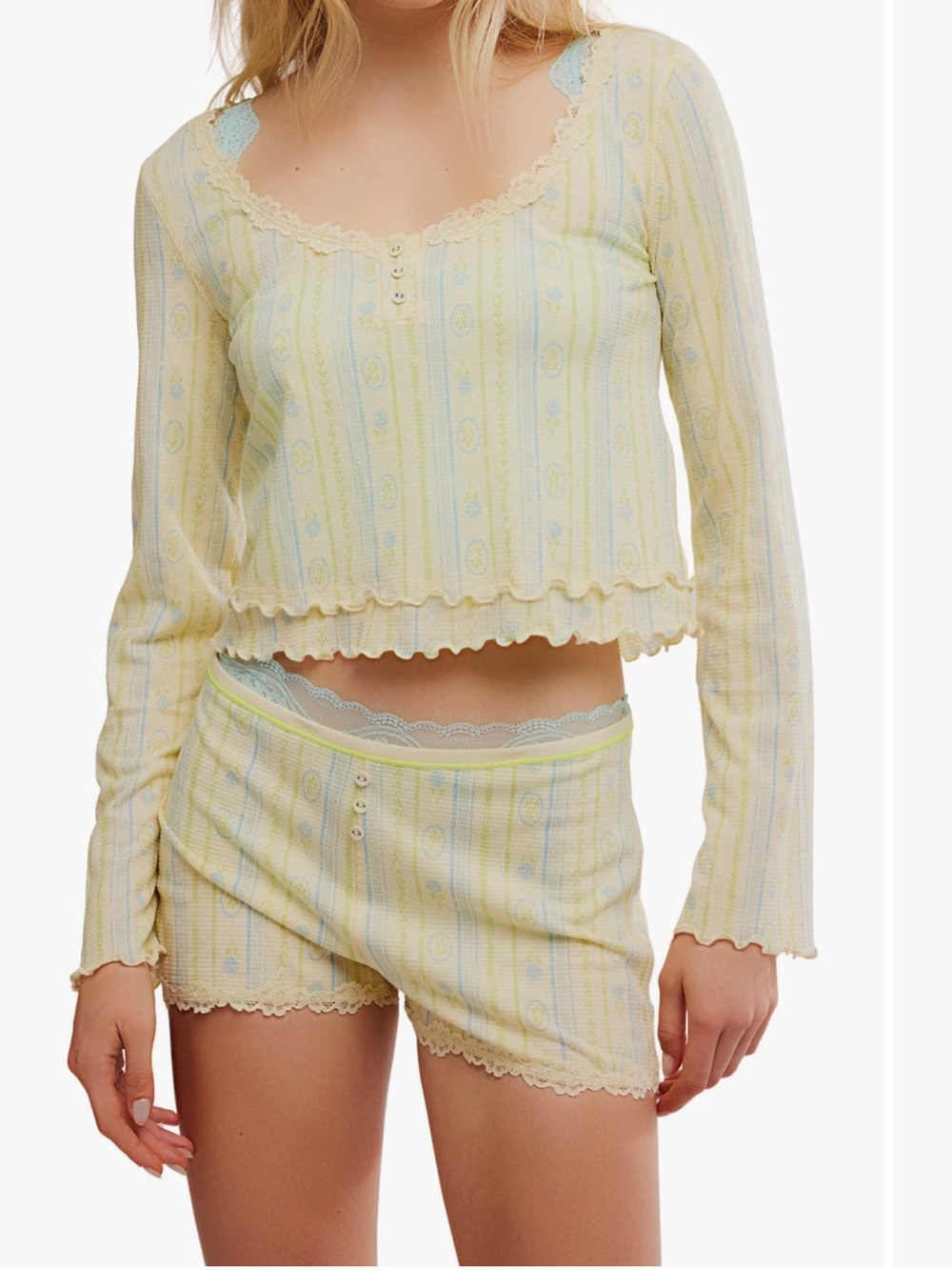Free People Spring Break Sleep Set 2p L/S Top & Shorts Medium NWT $128 Lounge